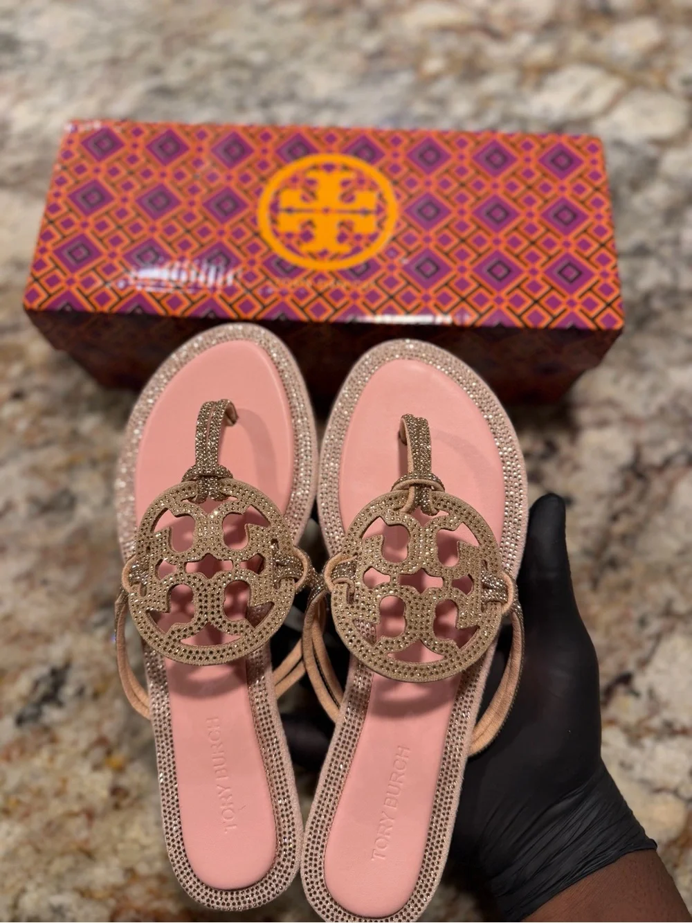 Tory Burch Pink & Gold Miller Logo Sandals